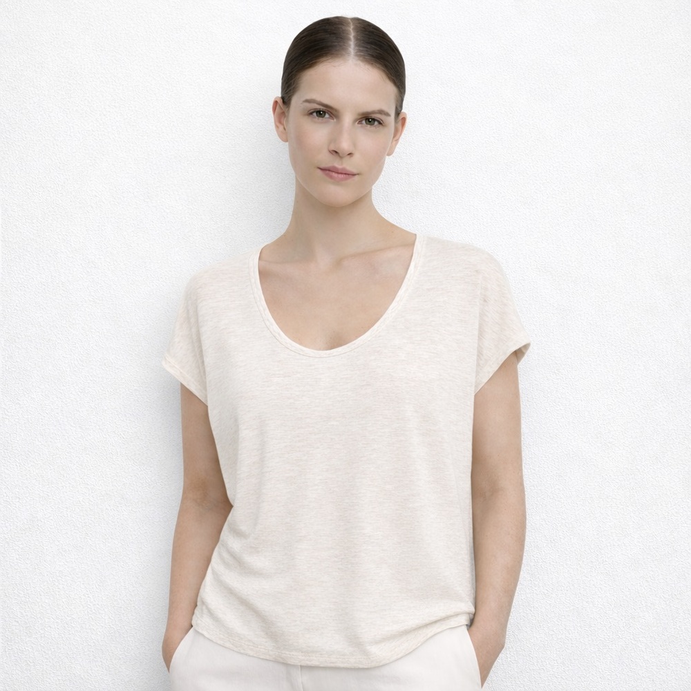 Massimo Dutti Cream Beige Silver Thread Scoop Neck Tee | XS